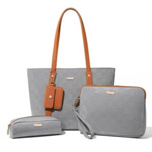 Miss Lulu 4 Pieces Glossy Leather Tote Bag Set LD2217 GY/BN