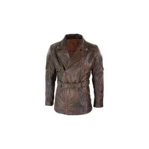 Mens 3/4 Quarter Length Asymmetrical Brando Biker Genuine Leather Winter Car Coat