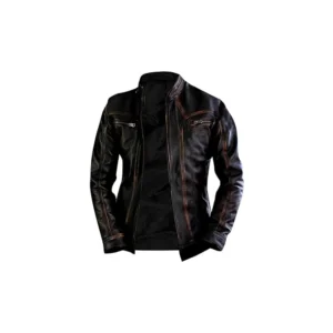 Mens Motorcycle Distressed Leather Racer Real Lambskin Leather Biker Jacket - Distressed Black, XS