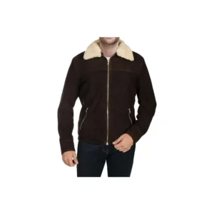 Mens Rick Grimes Walking Dead Season 5 Andrew Lincoln Costume Brown Fur Collar Cowboy Suede Leather Jacket